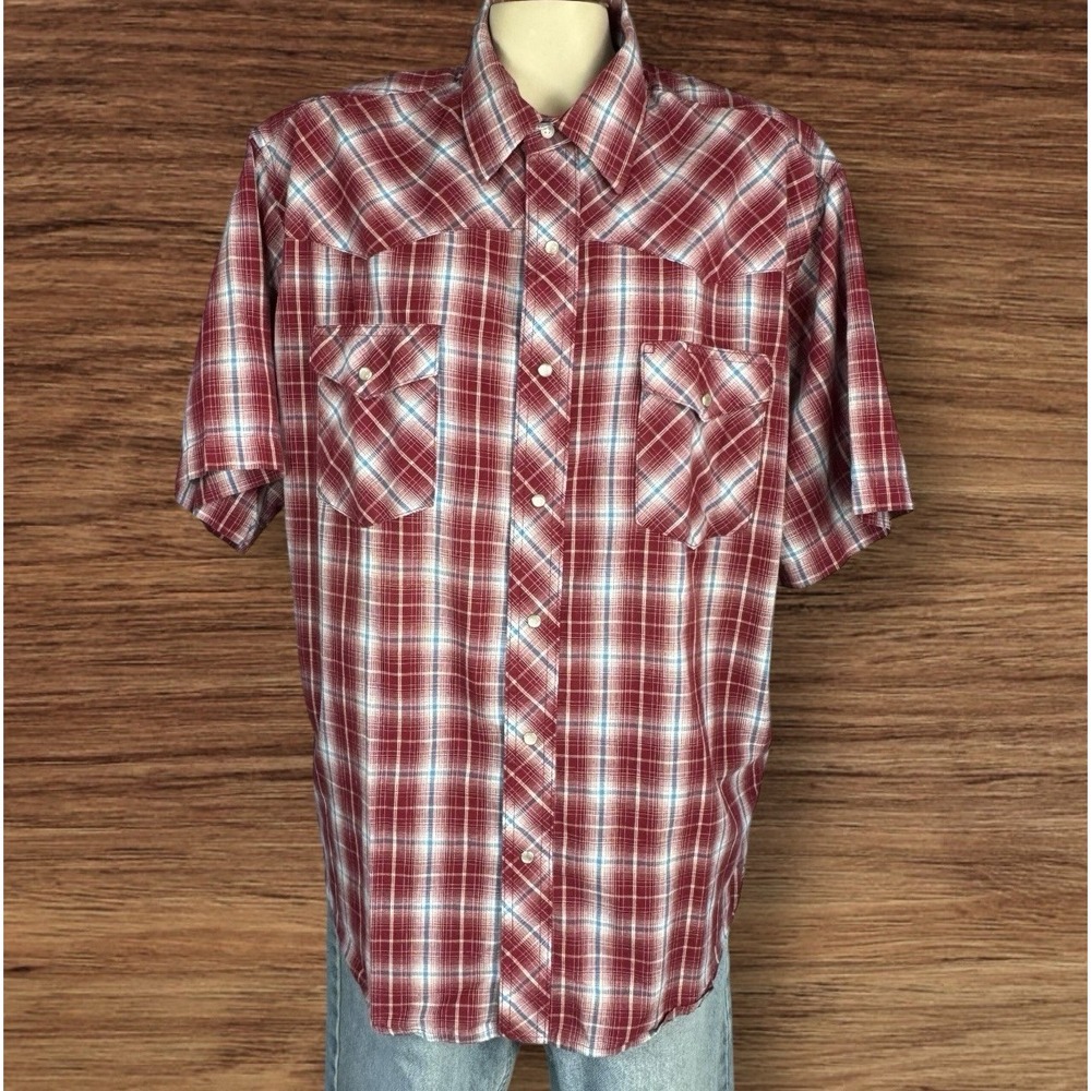 Wrangler Red /White Plaid Short Sleeve Western Shirt Pearl Snap Men's 2XL Summer